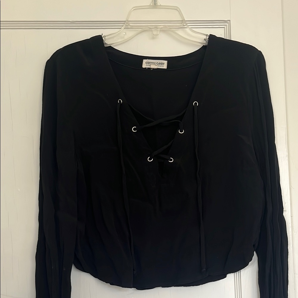 Cotton Candy Black Lace-Up Crop Top Blouse